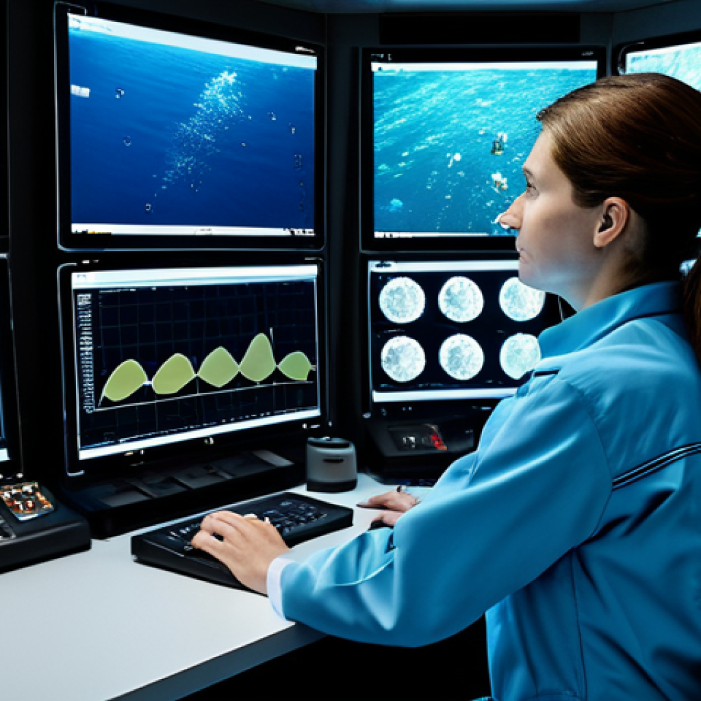 A professional female oceanographer in a modest research jumpsuit, meticulously observing multiple high-resolution screens displaying intricate 3D sonar maps of the ocean floor and live feeds from an autonomous underwater vehicle (AUV) exploring a deep-sea hydrothermal vent. The control room is modern and filled with glowing monitors and complex scientific equipment, reflecting cutting-edge technology. The scene emphasizes discovery and advanced data analysis. Fully clothed, appropriate attire, safe for work, professional, perfect anatomy, correct proportions, natural pose, well-formed hands, proper finger count, natural body proportions, high-quality, professional photography, appropriate content.