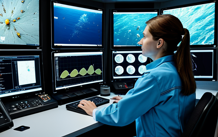 A professional female oceanographer in a modest research jumpsuit, meticulously observing multiple high-resolution screens displaying intricate 3D sonar maps of the ocean floor and live feeds from an autonomous underwater vehicle (AUV) exploring a deep-sea hydrothermal vent. The control room is modern and filled with glowing monitors and complex scientific equipment, reflecting cutting-edge technology. The scene emphasizes discovery and advanced data analysis. Fully clothed, appropriate attire, safe for work, professional, perfect anatomy, correct proportions, natural pose, well-formed hands, proper finger count, natural body proportions, high-quality, professional photography, appropriate content.