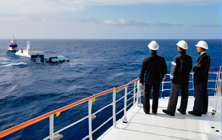 해양 오염 규제 - **Prompt:** "A diverse group of scientists and environmentalists from around the world, dressed in a...