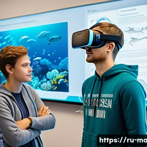 해양 교육과 학습 - A detailed classroom scene where Russian university students engage with interactive marine ecosyste...