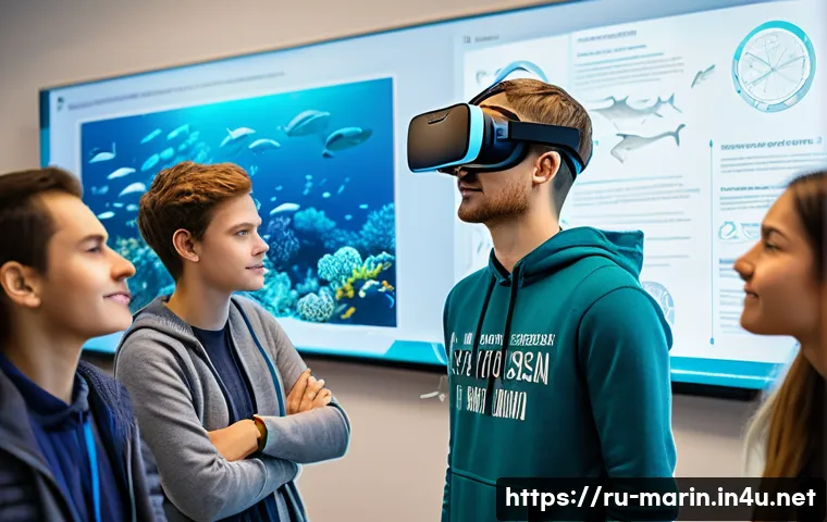 해양 교육과 학습 - A detailed classroom scene where Russian university students engage with interactive marine ecosyste...