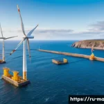 해양 에너지 개발 - A highly detailed scene of a coastal wave energy power station in Northern Europe during early morni...