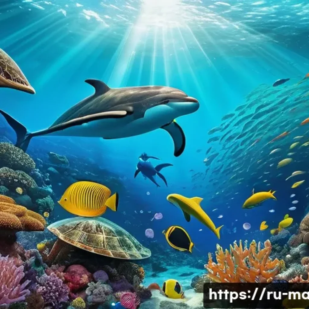 해양학 박사 과정 - A highly detailed underwater scene showcasing a vibrant and diverse ocean ecosystem, featuring color...