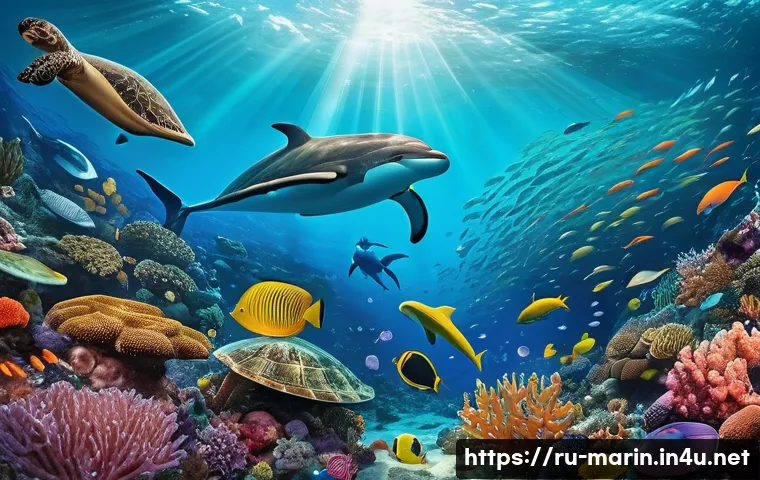 해양학 박사 과정 - A highly detailed underwater scene showcasing a vibrant and diverse ocean ecosystem, featuring color...