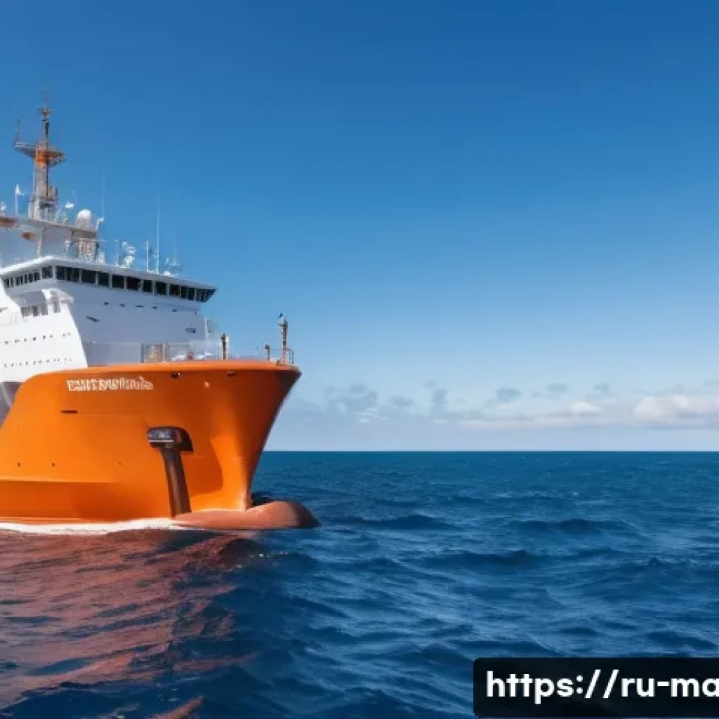 해양학 석사 과정 - A detailed scientific research vessel at sea during a bright day, equipped with advanced oceanograph...