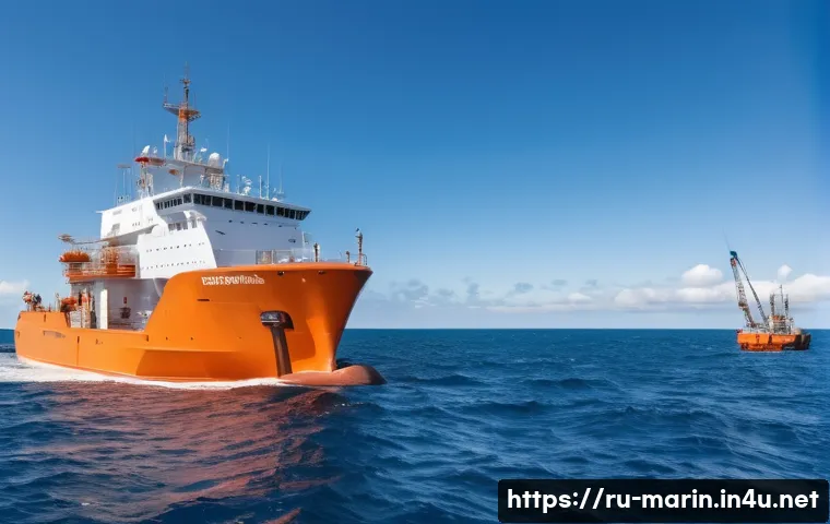 해양학 석사 과정 - A detailed scientific research vessel at sea during a bright day, equipped with advanced oceanograph...