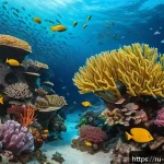Home 22 해양학 온라인 강의 - A detailed underwater scene showcasing a vibrant coral reef ecosystem in the Russian Far East Sea, t...
