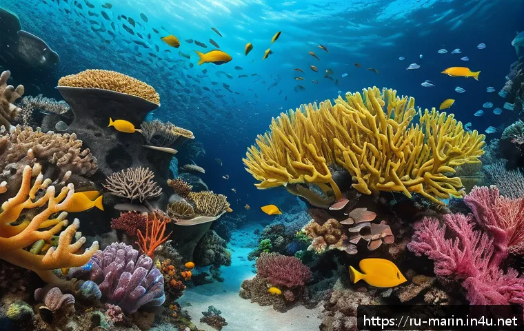 해양학 온라인 강의 - A detailed underwater scene showcasing a vibrant coral reef ecosystem in the Russian Far East Sea, t...