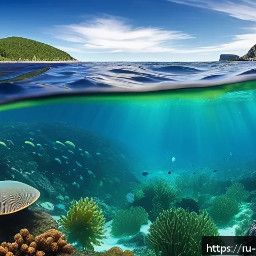 해양학 기후변화 대응 - A detailed underwater scene showcasing vibrant phytoplankton blooms near the Russian Far East coastl...