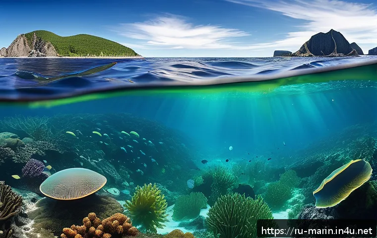 해양학 기후변화 대응 - A detailed underwater scene showcasing vibrant phytoplankton blooms near the Russian Far East coastl...