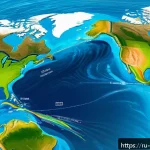 Home 18 해양 물리학 실습 - A detailed scientific illustration of the Gulf Stream ocean current flowing from the equator toward ...
