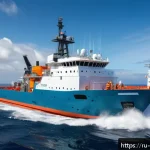 Home 23 해양학 국제 협력 - A detailed scientific research vessel at sea during daytime, staffed by an international team of div...