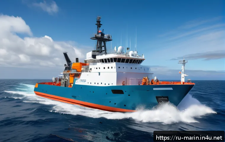 해양학 국제 협력 - A detailed scientific research vessel at sea during daytime, staffed by an international team of div...
