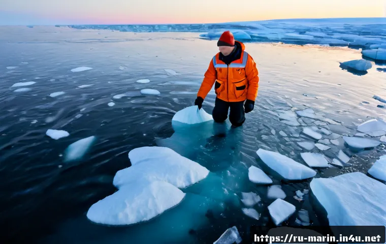 Home 16 해양 기후 변화 - Photorealistic wide coastal scene in the Russian Arctic, melting sea ice drifting near a remote rock...