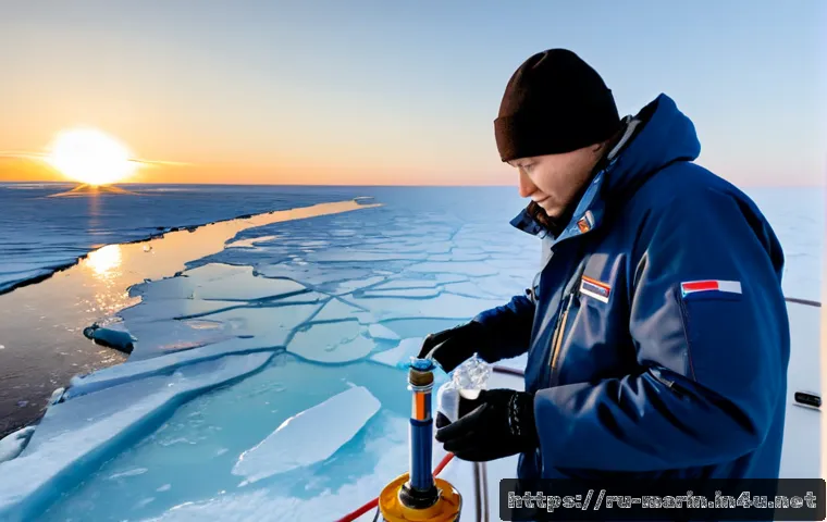 Home 17 해양학 기후 변화 영향 분석 - Photorealistic oceanography climate change analysis scene, Russian Arctic research vessel navigating...